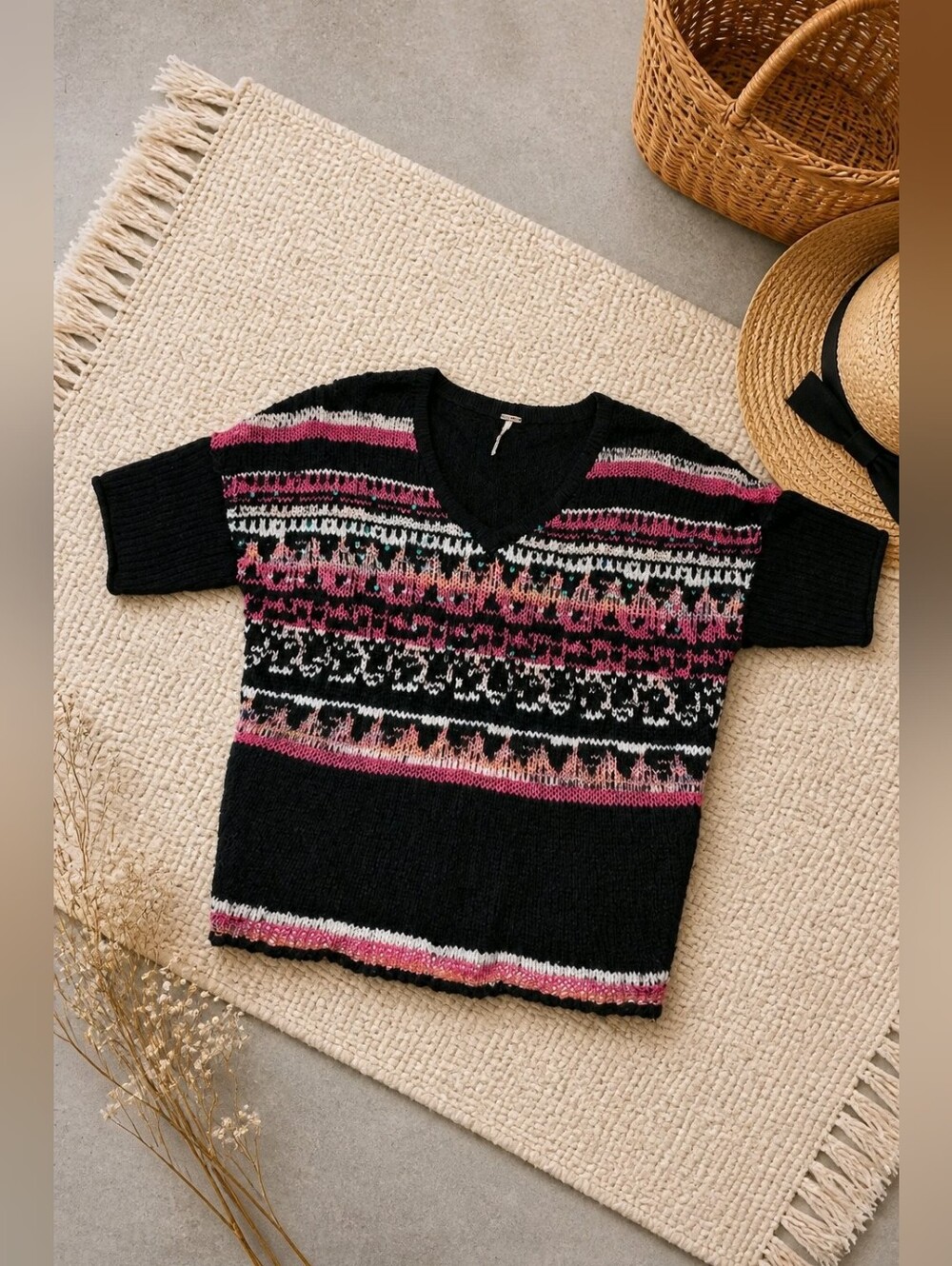 Free People Black Knit V-Neck Sweater Top with Pink & White Fair Isle Pattern